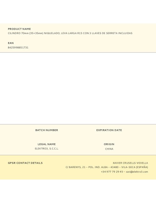 Cilindro 70 mm (35+35 mm) niquelado, leva larga r15 con 3 llaves de serreta incluidas