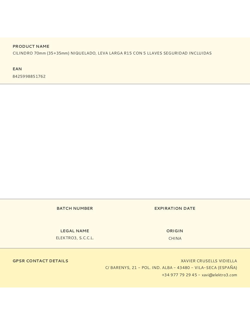 Cilindro 70mm (35+35mm) niquelado, leva larga r15 con 5 llaves seguridad incluidas