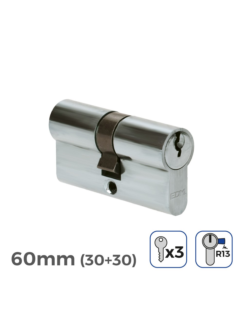 Cilindro 60 mm (30+30 mm) niquelado, leva corta r13 con 3 llaves de serreta incluidas