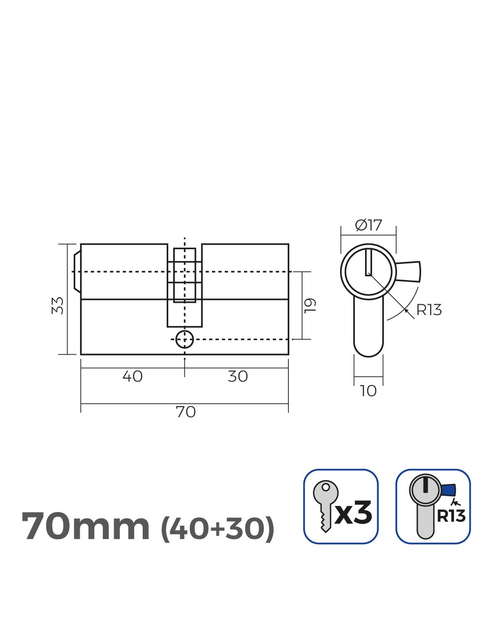 Cilindro 70mm (40+30mm) niquelado, leva corta r13 con 3 llaves de serreta incluidas