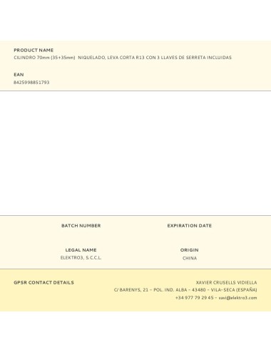 Cilindro 70mm (35+35mm) niquelado, leva corta r13 con 3 llaves de serreta incluidas