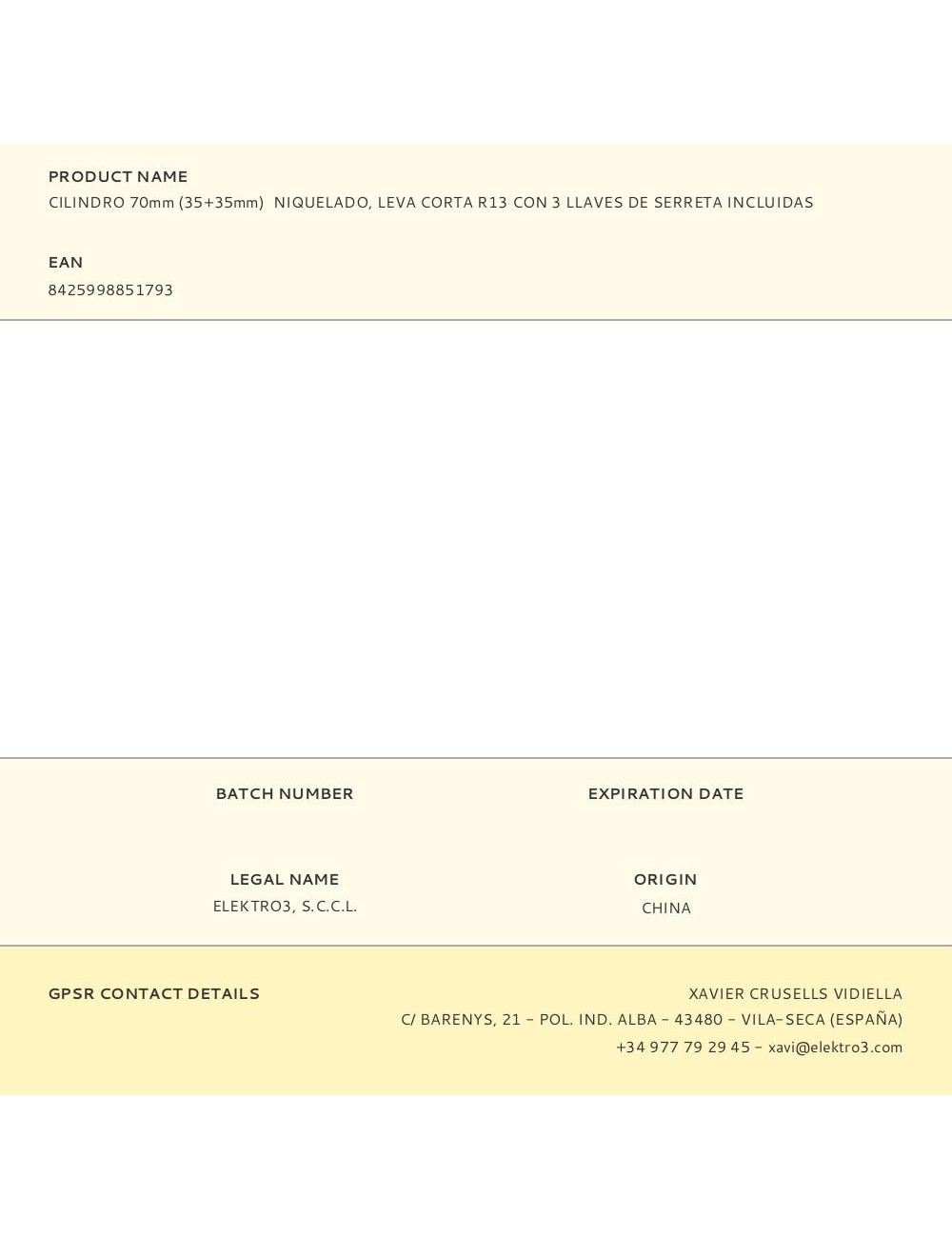 Cilindro 70mm (35+35mm) niquelado, leva corta r13 con 3 llaves de serreta incluidas