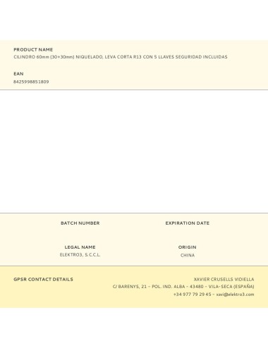 Cilindro 60mm (30+30mm) niquelado, leva corta r13 con 5 llaves seguridad incluidas