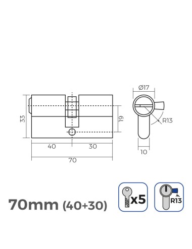 Cilindro 70mm (40+30mm) niquelado, leva corta r13 con 5 llaves seguridad incluidas