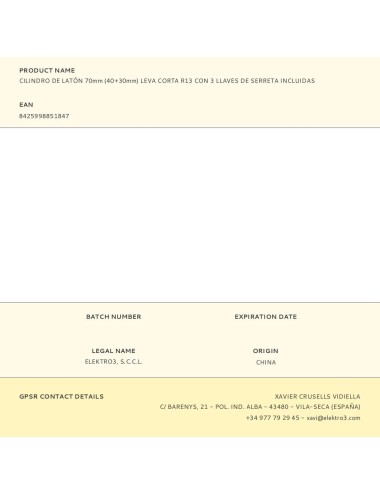 Cilindro de latón 70mm (40+30mm) leva corta r13 con 3 llaves de serreta incluidas