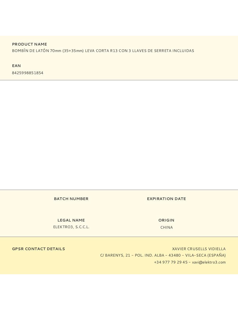 Bombín de latón 70mm (35+35mm) leva corta r13 con 3 llaves de serreta incluidas