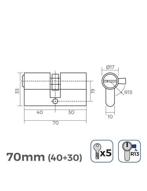 Cilindro de latón 70mm (40+30mm) leva corta r13 con 5 llaves de seguridad incluidas