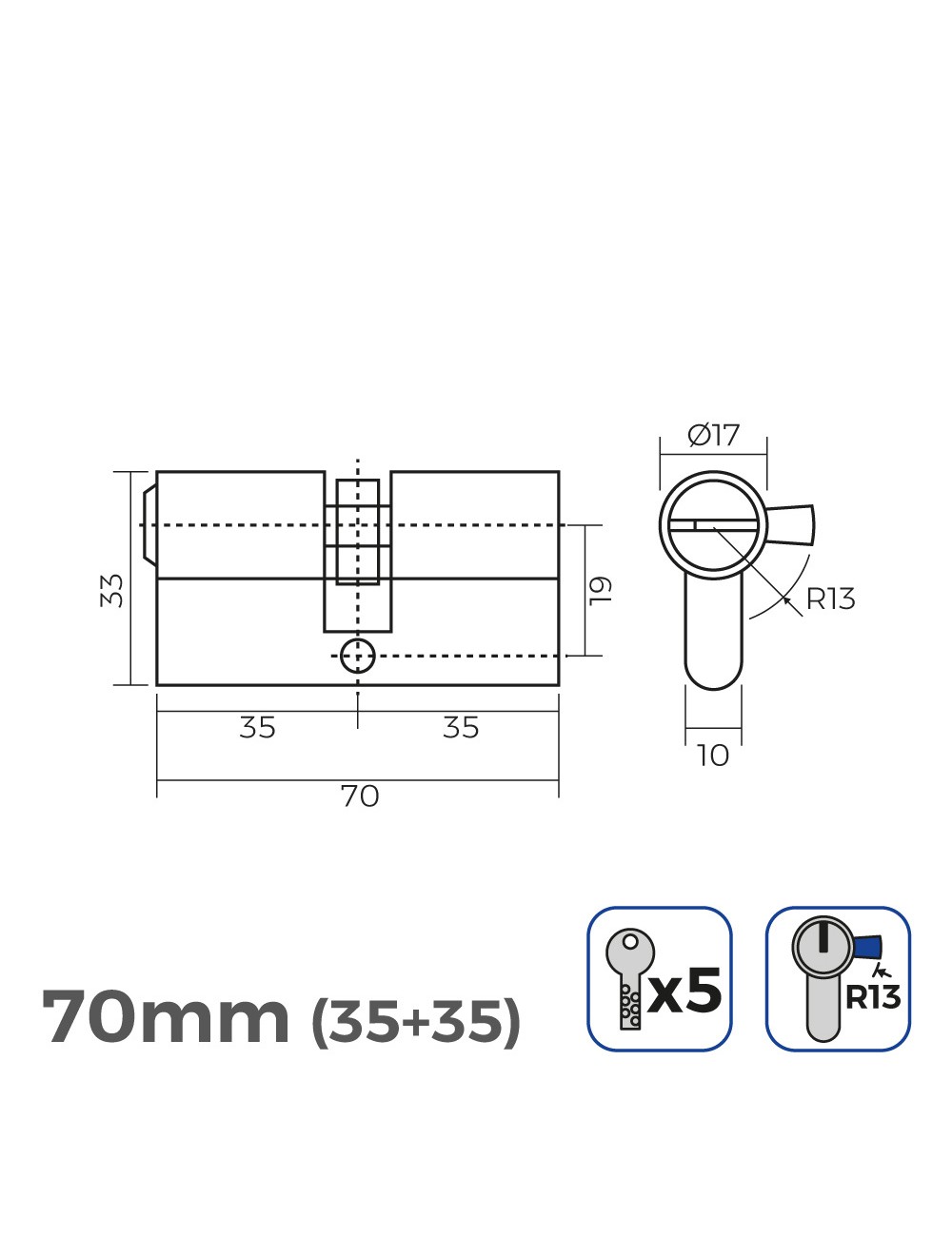 Cilindro de latón 70mm (35+35mm) leva corta r13 con 5 llaves de seguridad incluidas