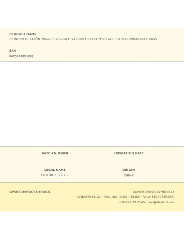 Cilindro de latón 70mm (35+35mm) leva corta r13 con 5 llaves de seguridad incluidas