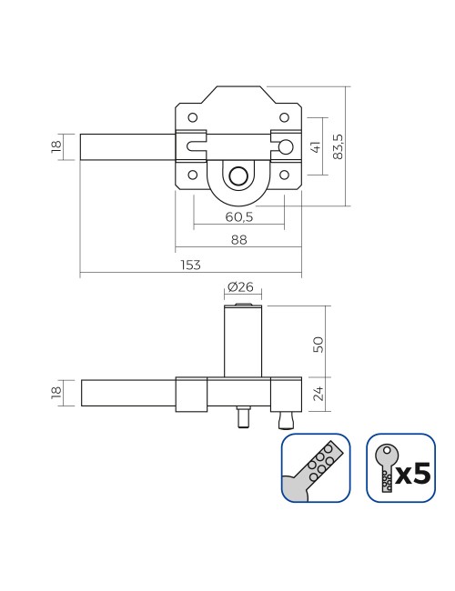 Cerrojo de superfície níquel con cilindro redondo seguridad y pestillo apertura
