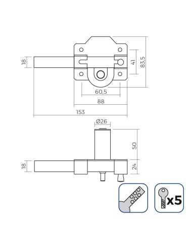 Cerrojo de superficie dorado con cilindro redondo de seguridad y pestillo apertura