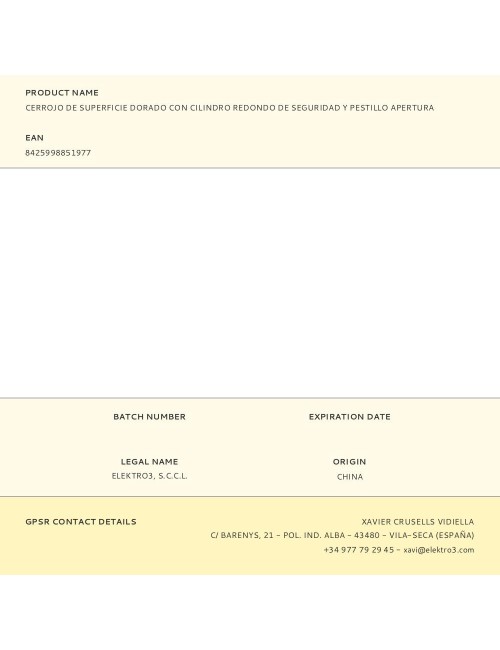 Cerrojo de superficie dorado con cilindro redondo de seguridad y pestillo apertura