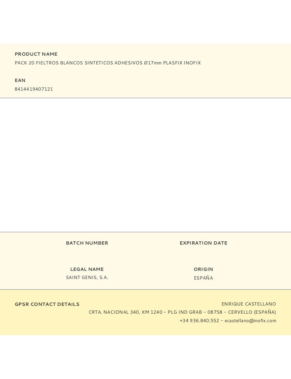Pack 20 fieltros blancos sinteticos adhesivos ø17mm plasfix inofix