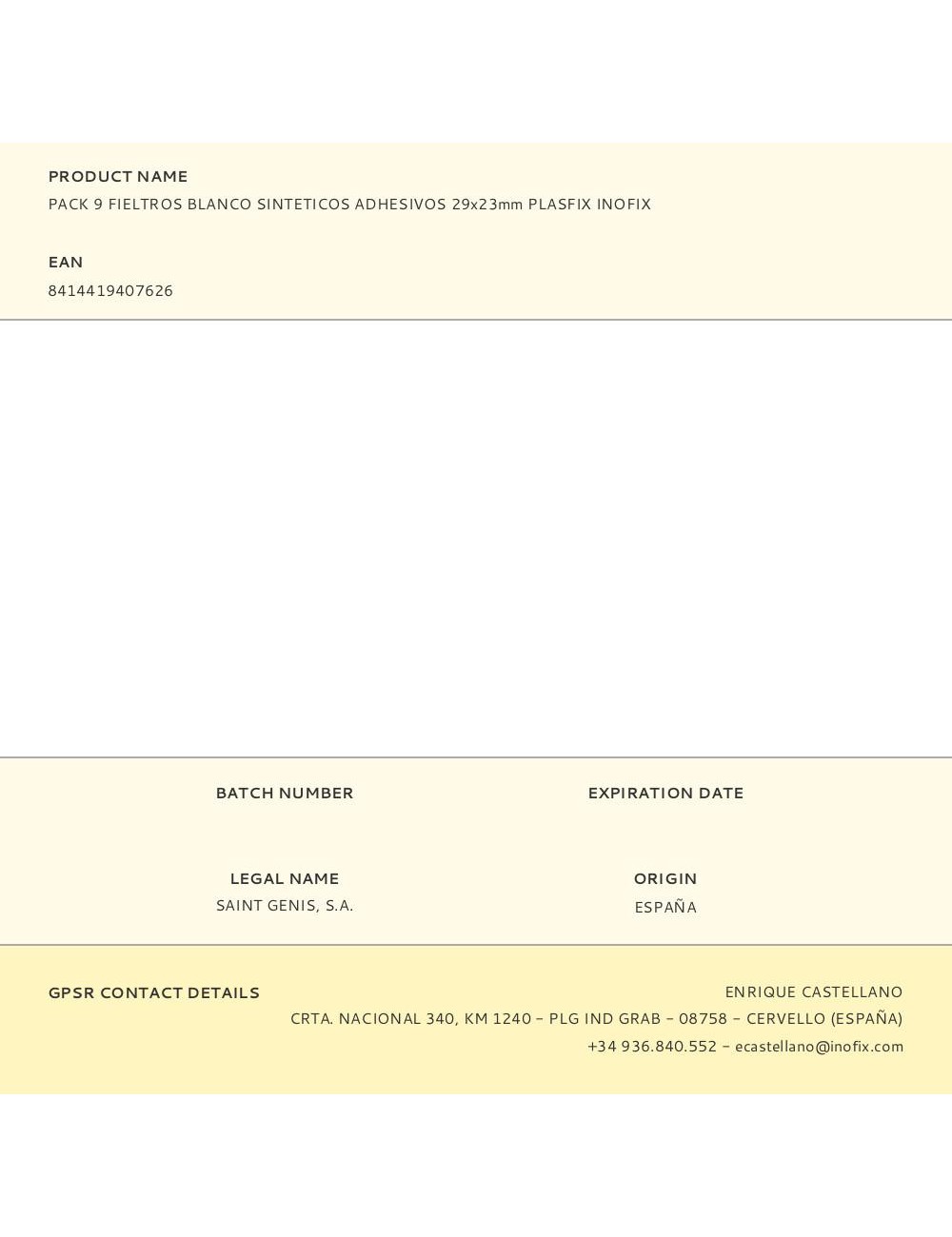 Pack 9 fieltros blanco sinteticos adhesivos 29x23mm plasfix inofix