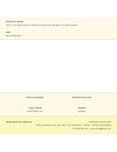 Pack 1 fieltro blanco sintetico adhesivo 100x85mm plasfix inofix