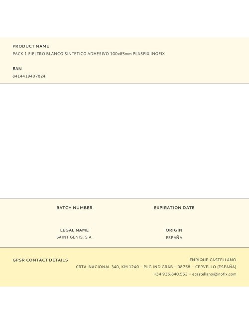 Pack 1 fieltro blanco sintetico adhesivo 100x85mm plasfix inofix