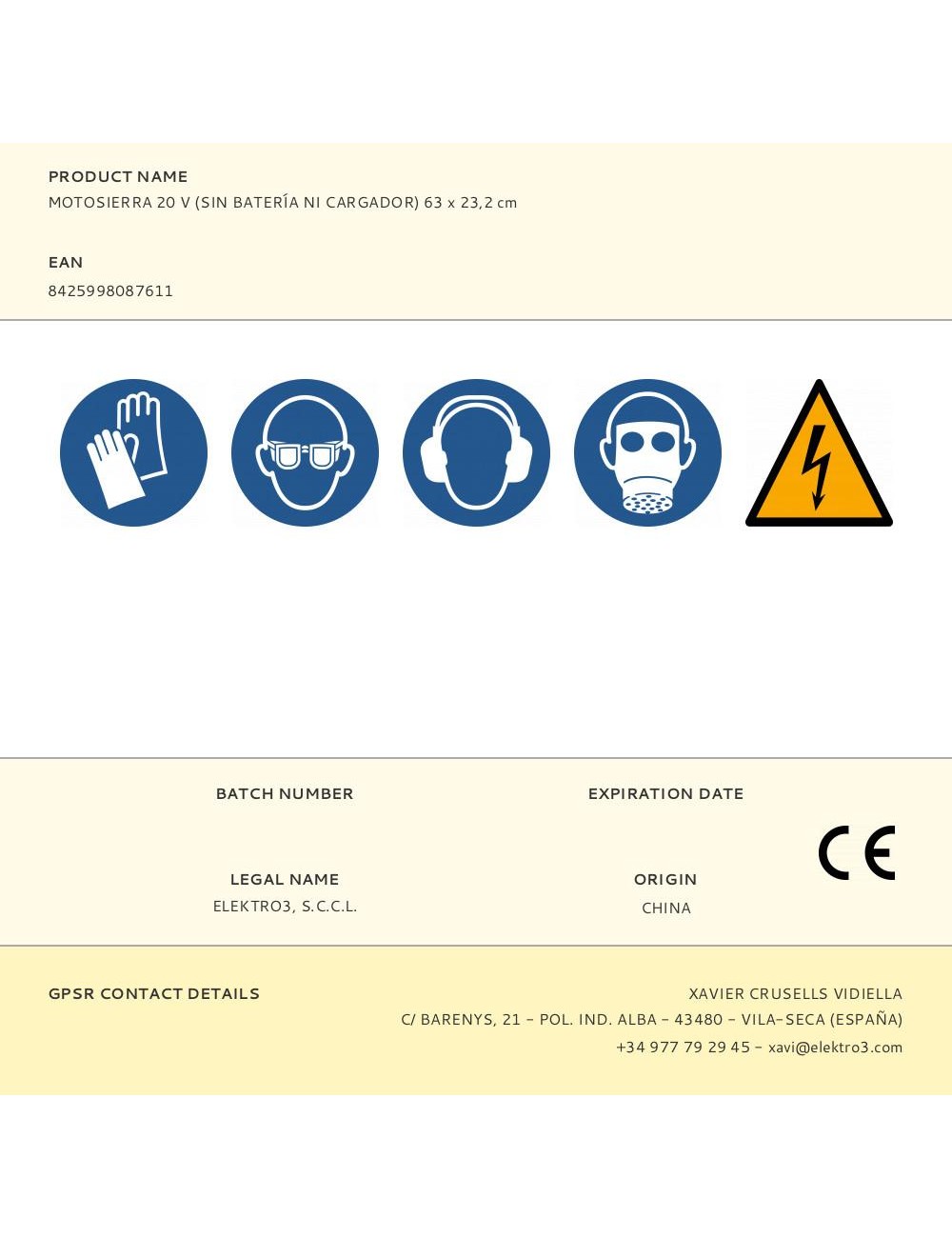 Motosierra 20 v (sin batería ni cargador) 63 x 23,2 cm