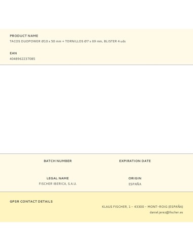 Tacos duopower ø10 x 50 mm + tornillos ø7 x 69 mm, blister 4 uds