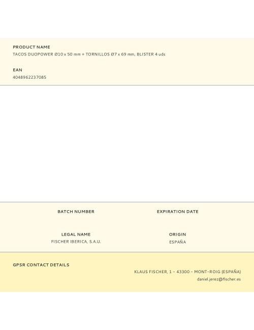 Tacos duopower ø10 x 50 mm + tornillos ø7 x 69 mm, blister 4 uds