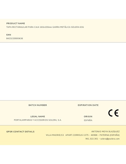 Tapa rectangular para caja 160x100mm garra metálica solera 63g