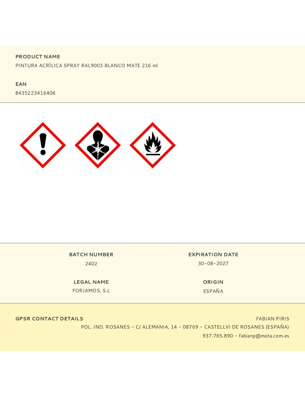 Pintura acrílica spray ral9003 blanco mate 216 ml