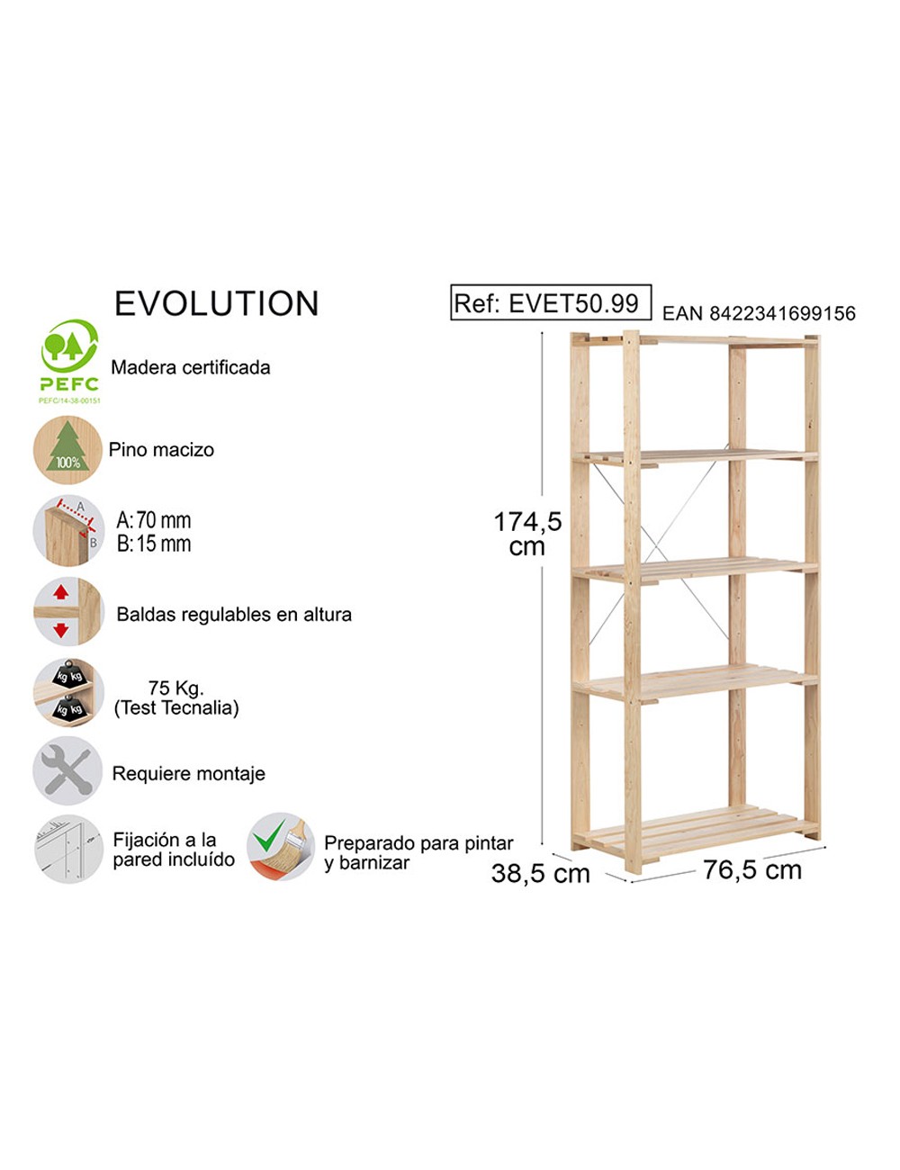 Estanteria alistonada evolution 5 pino macizo 76,5 x 38,5 x 174,5 cm