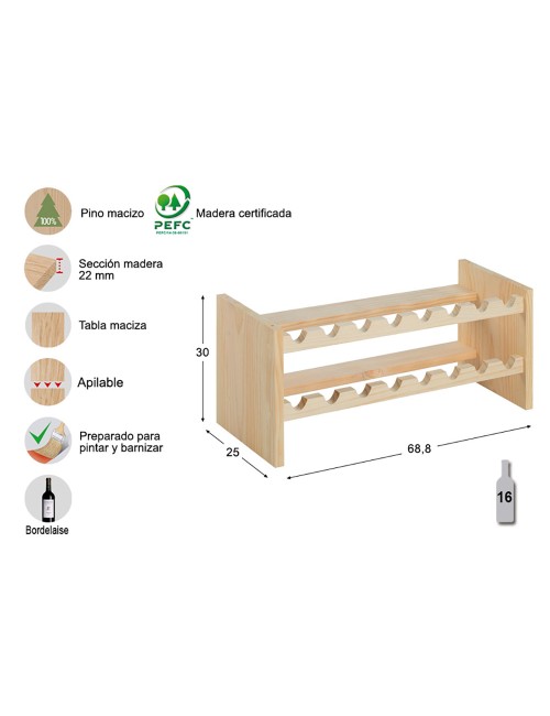 Botellero de pino macizo merlot para 16 botellas 68,8 x 25 x 30cm