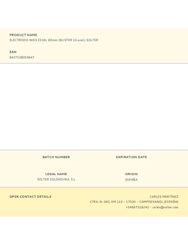 Electrodo inox e316l ø2mm (blister 10 unid.) solter