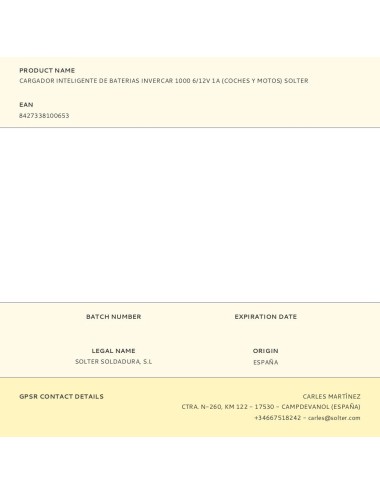 Cargador inteligente de baterias invercar 1000 6/12v 1a (coches y motos) solter