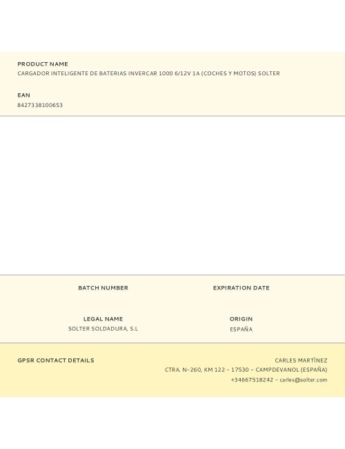 Cargador inteligente de baterias invercar 1000 6/12v 1a (coches y motos) solter