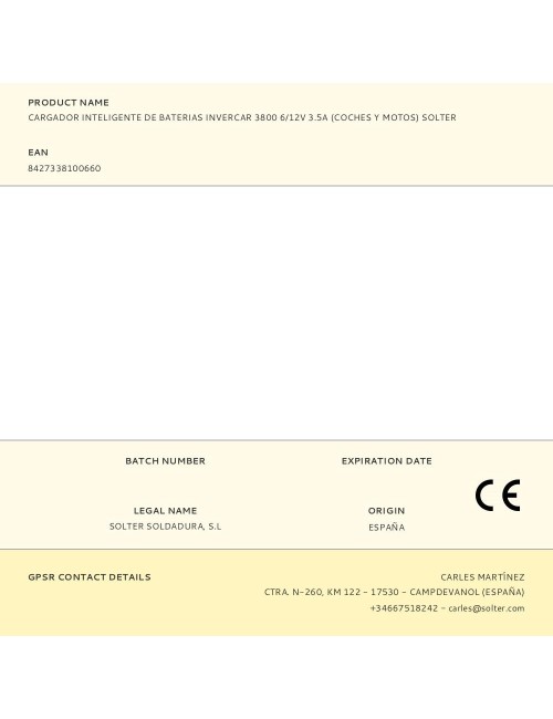 Cargador inteligente de baterias invercar 3800 6/12v 3.5a (coches y motos) solter