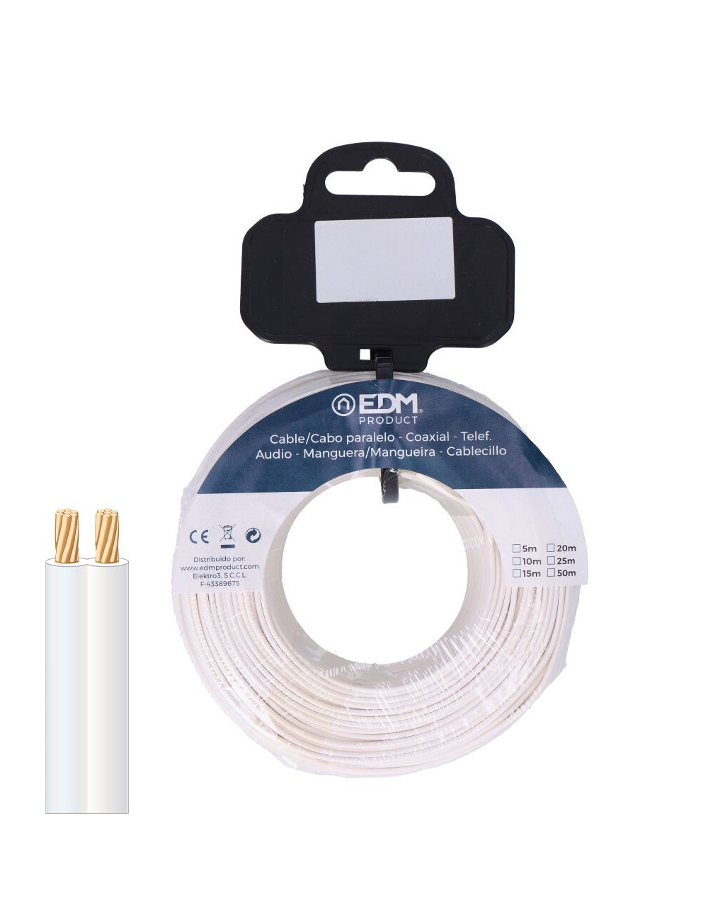 Carrete cable paralelo telefono blanco 2 vias 25m Carrete cable paralelo telefono blanco 2 vias 25m