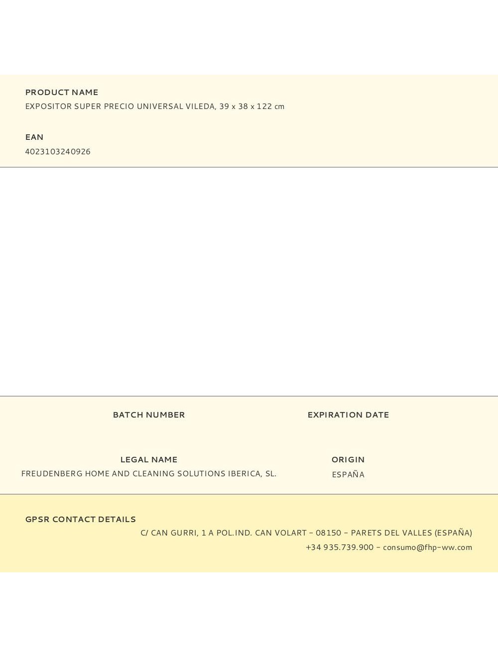 Expositor super precio universal vileda, 39 x 38 x 122 cm