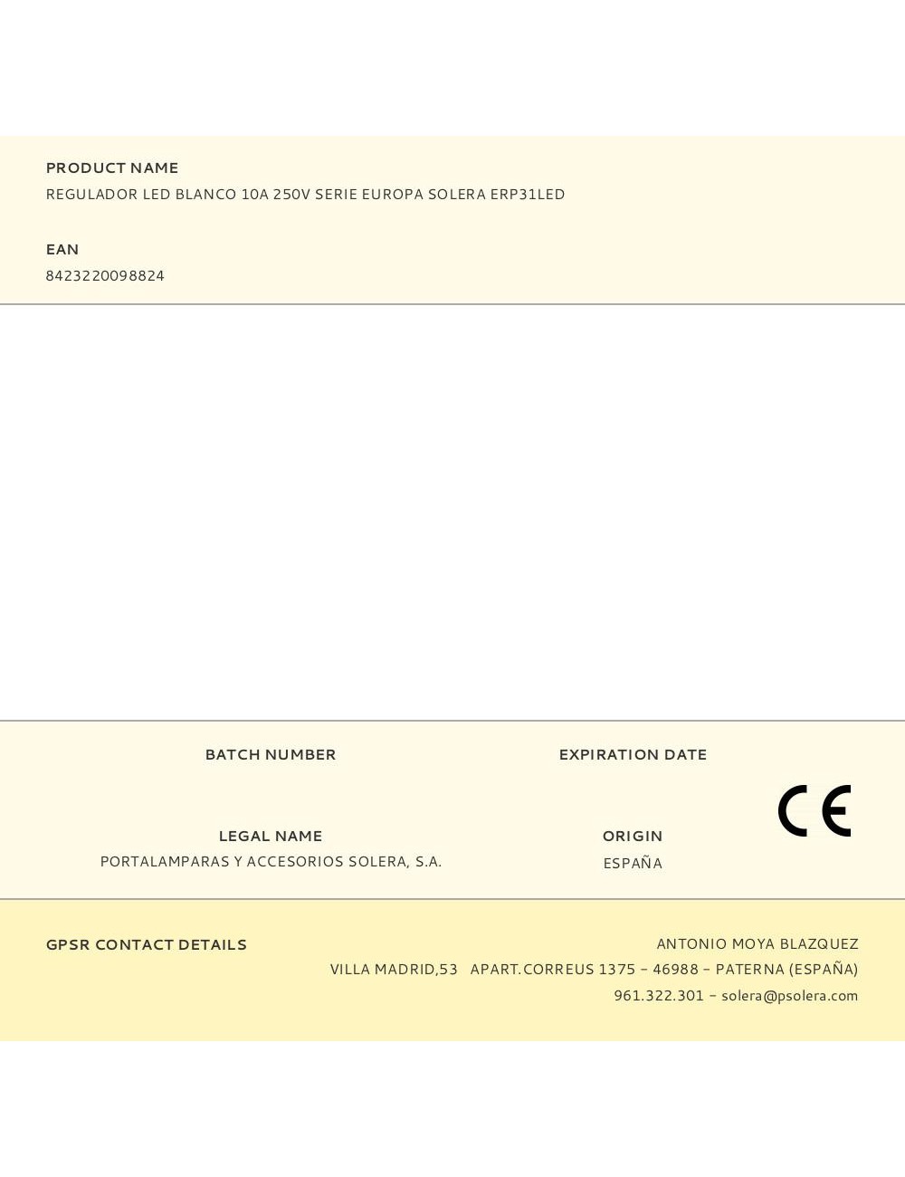 Regulador led blanco 10a 250v serie europa solera erp31led