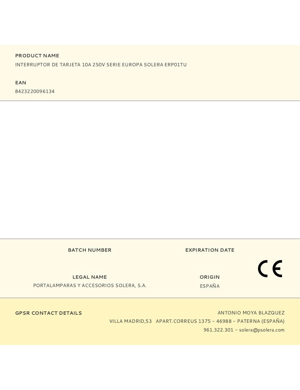 Interruptor de tarjeta 10a 250v serie europa solera erp01tu