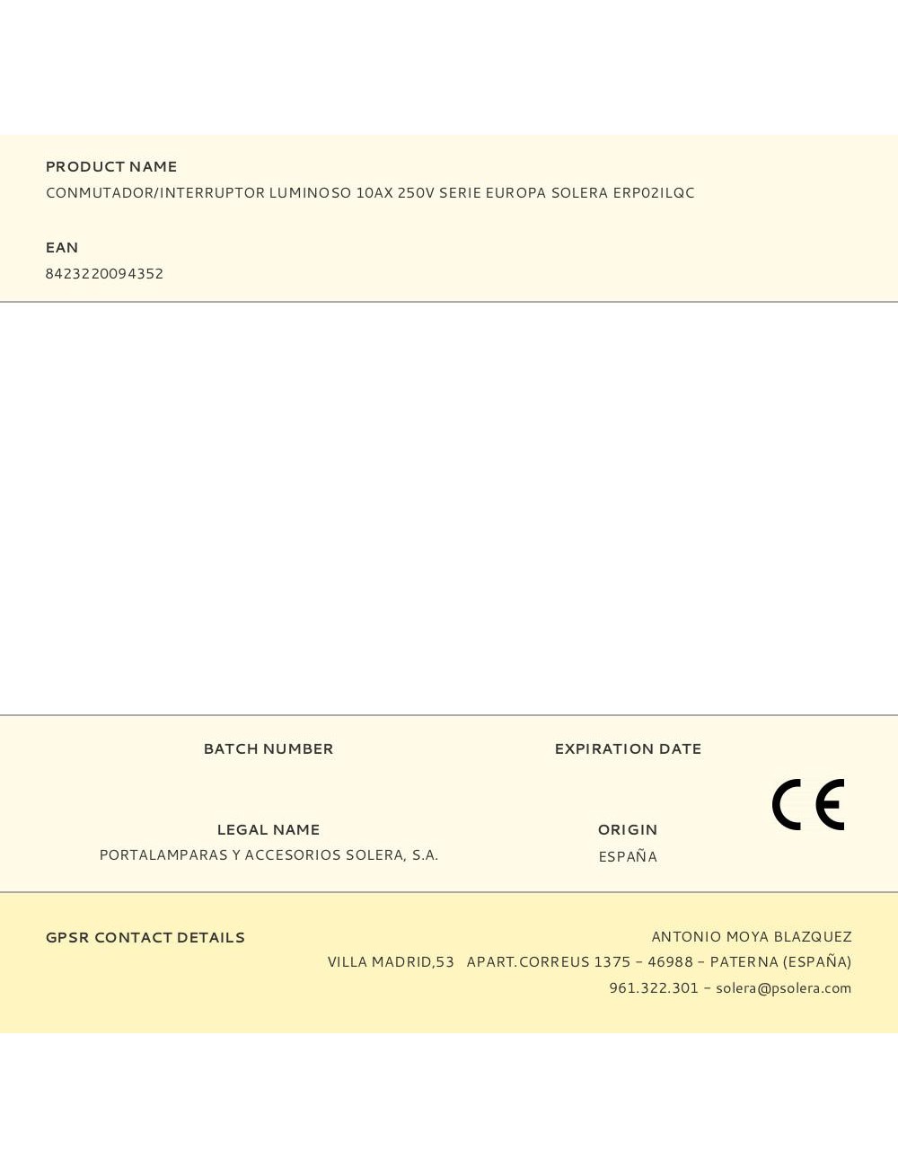 Conmutador/interruptor luminoso 10ax 250v serie europa solera erp02ilqc