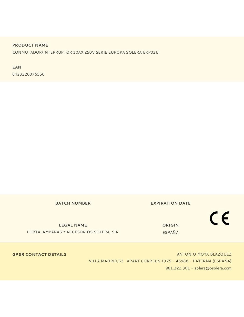 Conmutador/interruptor 10ax 250v serie europa solera erp02u