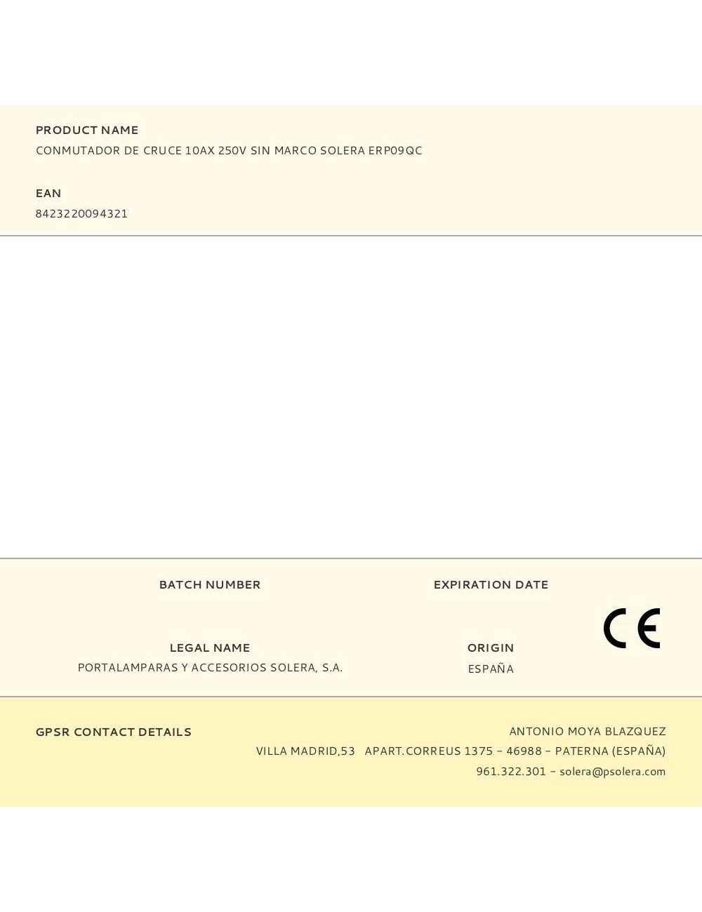 Conmutador de cruce 10ax 250v sin marco solera erp09qc