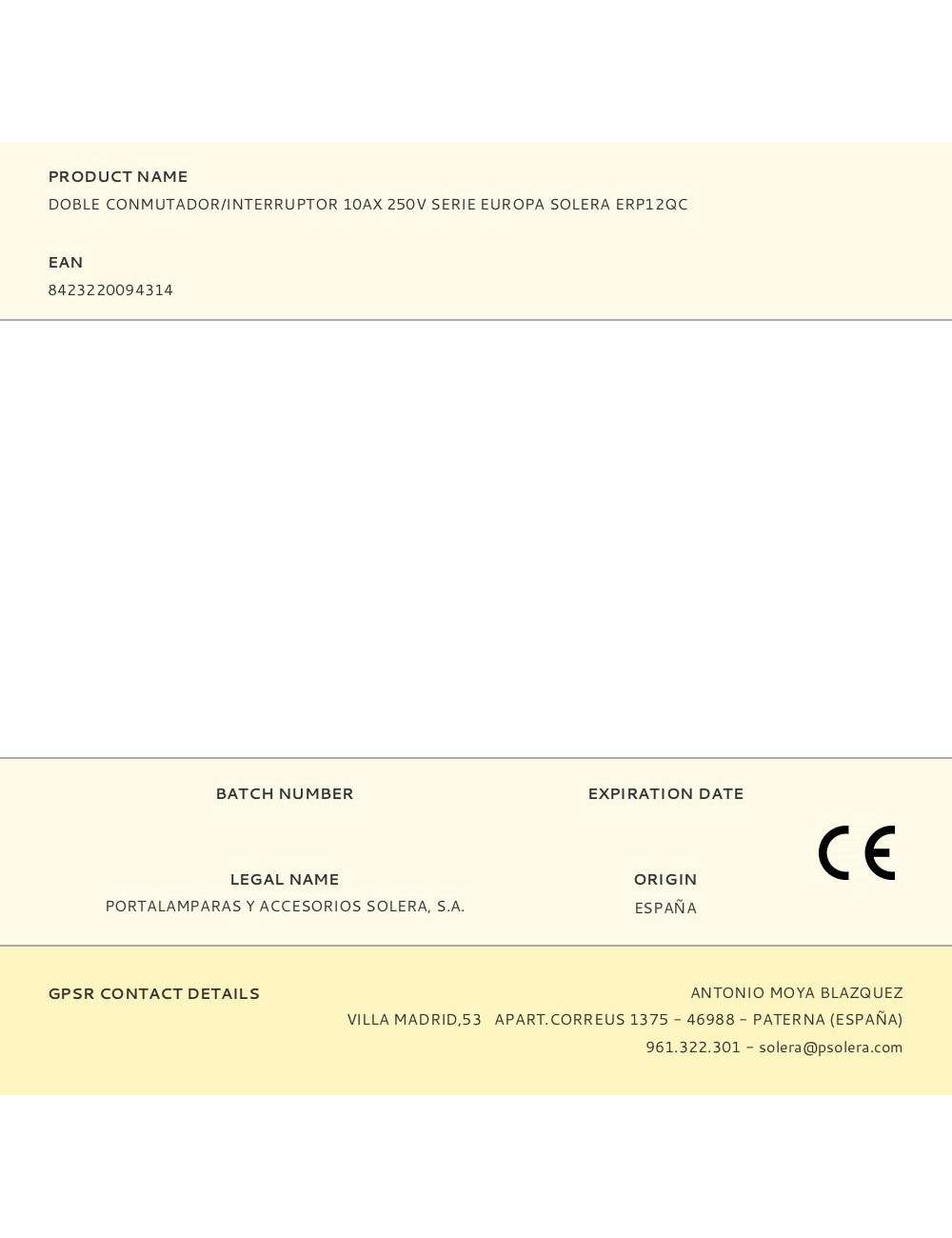 Doble conmutador/interruptor 10ax 250v serie europa solera erp12qc