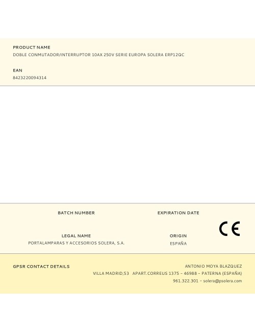 Doble conmutador/interruptor 10ax 250v serie europa solera erp12qc