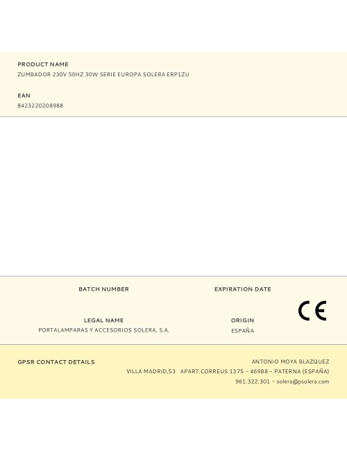 Zumbador 230v 50hz 30w serie europa solera erp1zu