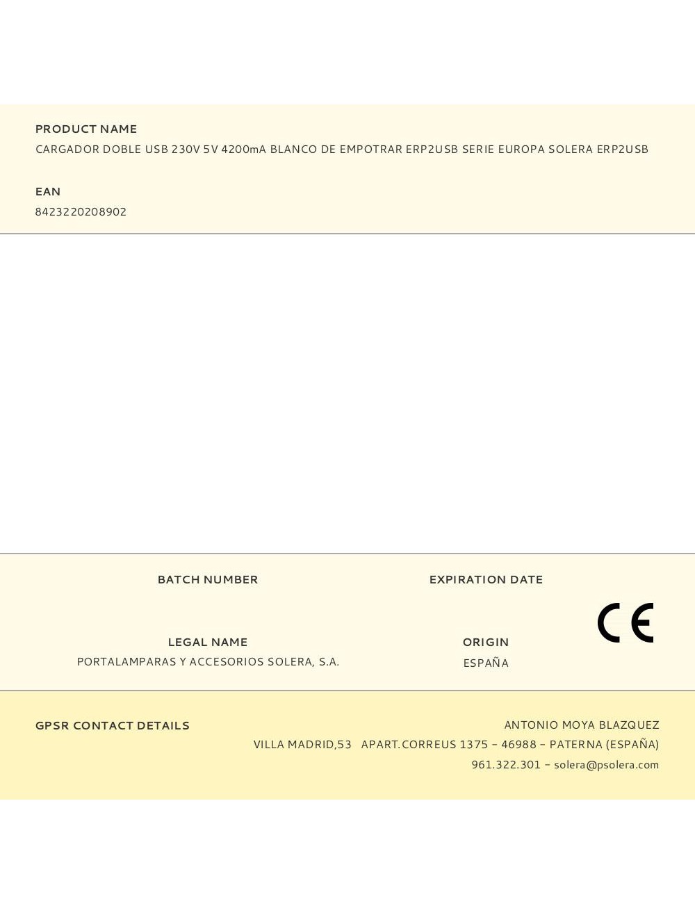 Cargador doble usb 230v 5v 4200ma blanco de empotrar erp2usb serie europa solera erp2usb