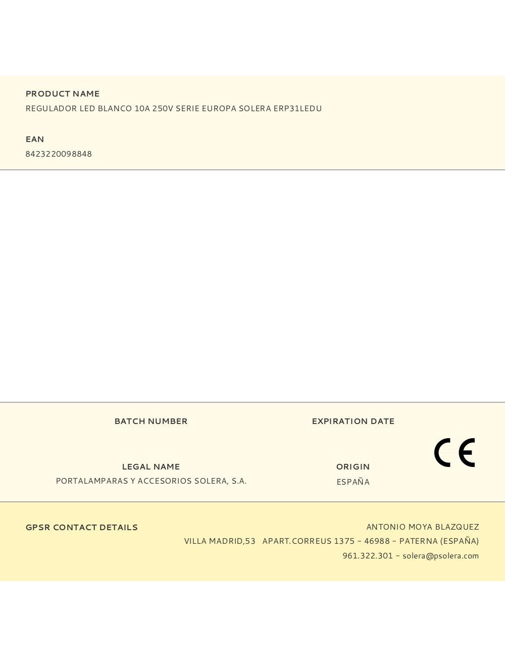 Regulador led blanco 10a 250v serie europa solera erp31ledu