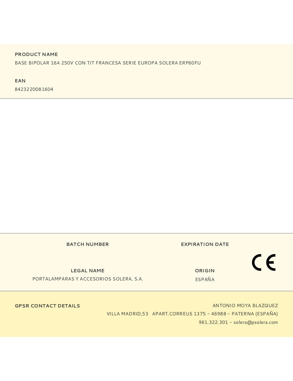Base bipolar 16a 250v con t/t francesa serie europa solera erp60fu