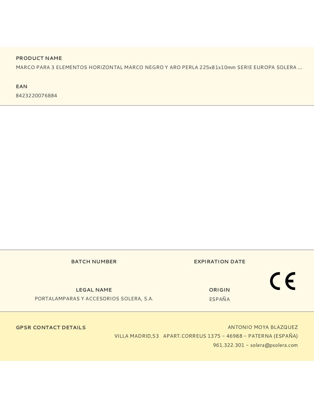 Marco para 3 elementos horizontal marco negro y aro perla 225x81x10mm serie europa solera erp73nu