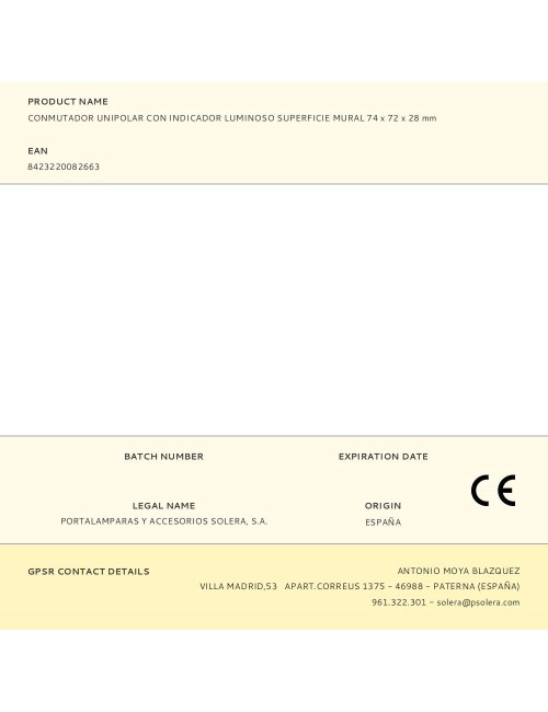 Conmutador unipolar con indicador luminoso superficie mural 74 x 72 x 28 mm