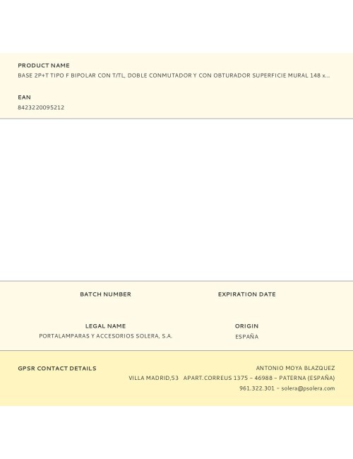 Base 2p+t tipo f bipolar con t/tl, doble conmutador y con obturador superficie mural 148 x 72 x 42 mm