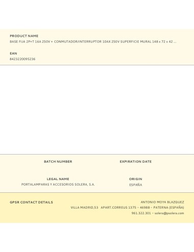 Base fija 2p+t 16a 250v + conmutador/interruptor 10ax 250v superficie mural 148 x 72 x 42 mm