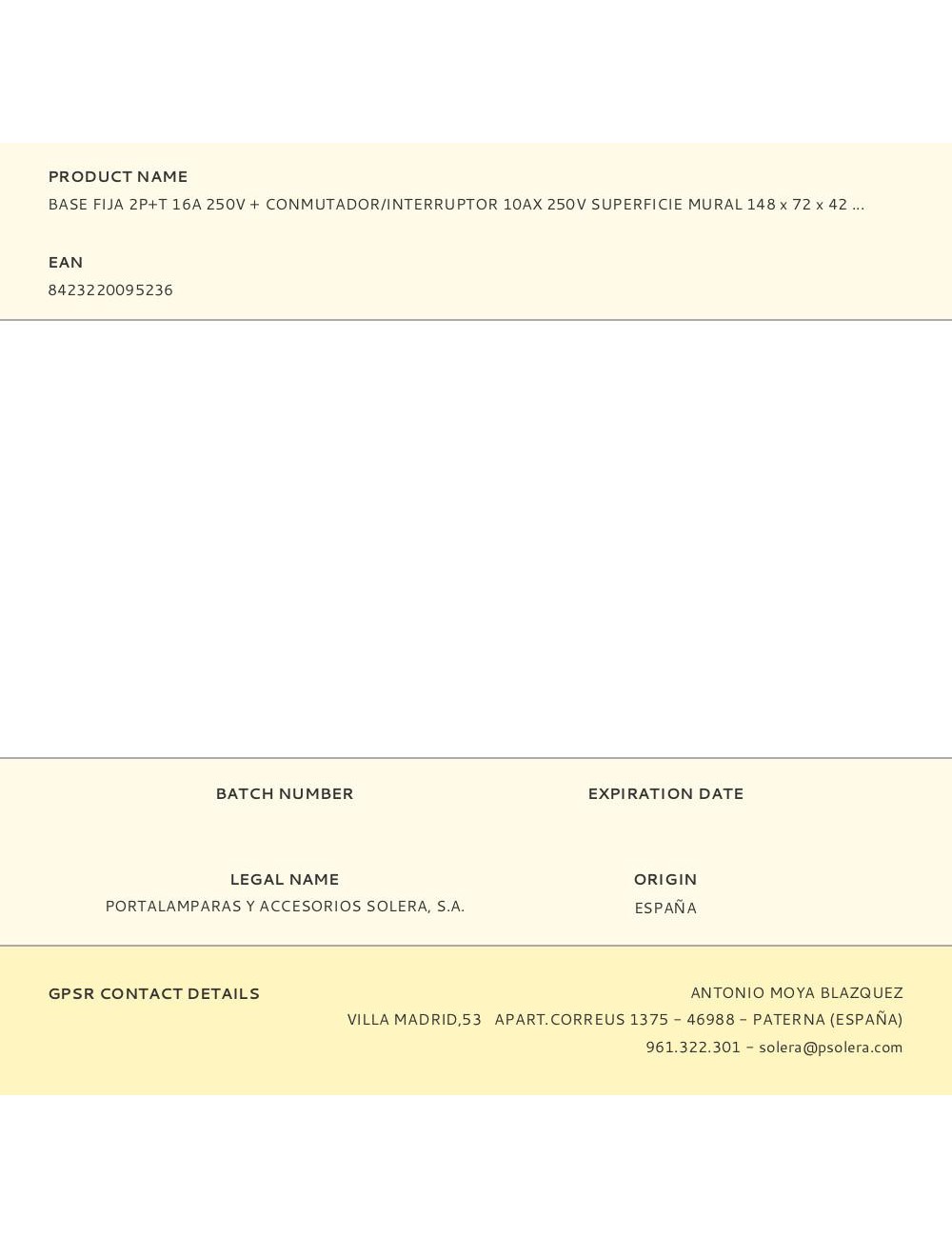 Base fija 2p+t 16a 250v + conmutador/interruptor 10ax 250v superficie mural 148 x 72 x 42 mm
