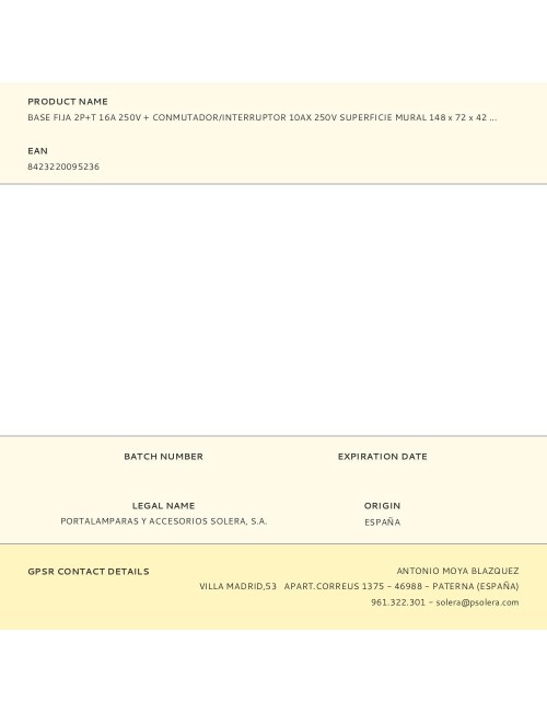 Base fija 2p+t 16a 250v + conmutador/interruptor 10ax 250v superficie mural 148 x 72 x 42 mm